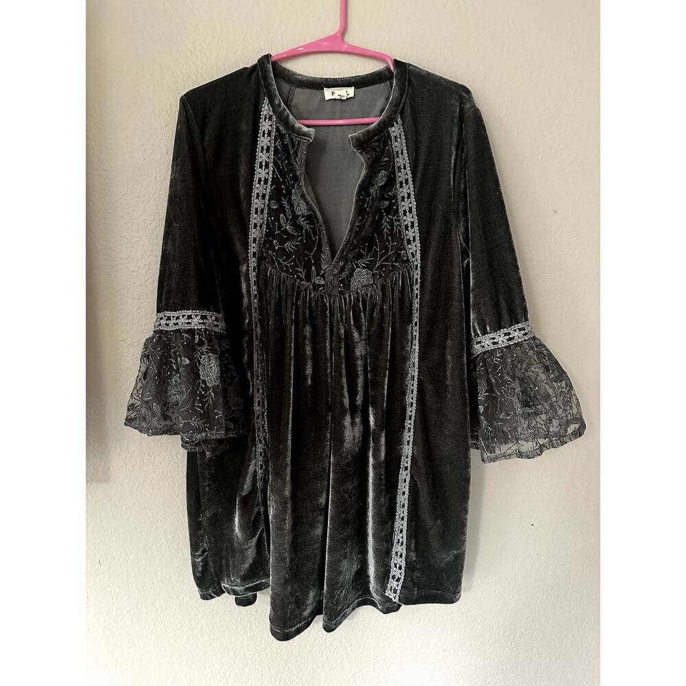 POL Velvet Embroidered Lace Boho Babydoll Mini Dress Tunic - Size M